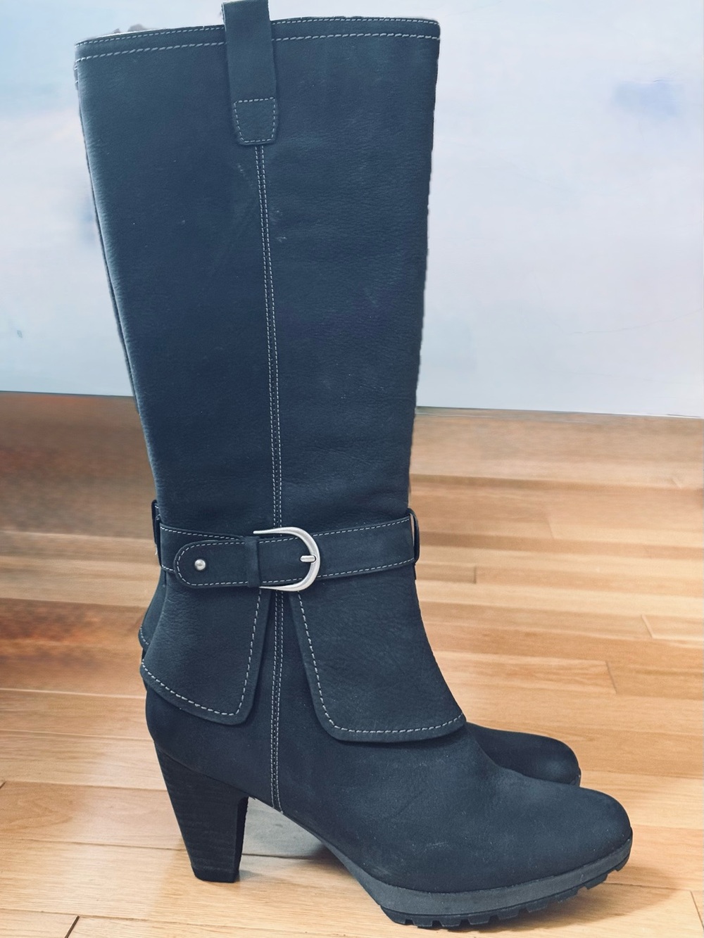 NIB Blondo Black Mid-Calf Waterproof Leather Heeled Buckle Boots
